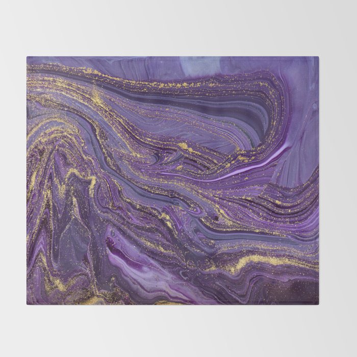 Purple Marble Glitter Gold Fluid Painting Pouring Jupiter Surface Glamorous Shiny Metallic Accents Throw Blanket Gallery Image 2