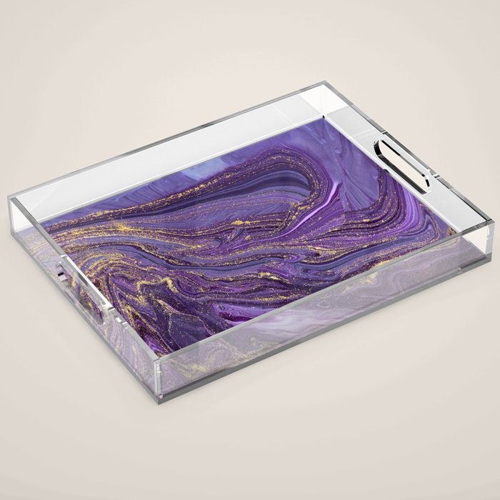 Purple Marble Glitter Gold Fluid Painting Pouring Jupiter Surface Glamorous Shiny Metallic Accents Acrylic Tray Gallery Image 1