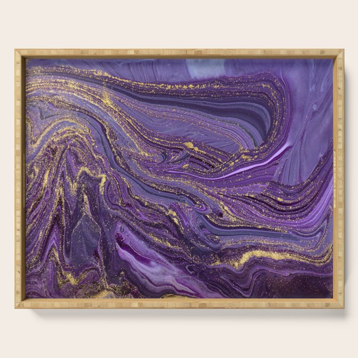 Purple Marble Glitter Gold Fluid Painting Pouring Jupiter Surface Glamorous Shiny Metallic Accents Serving Tray Gallery Image 1
