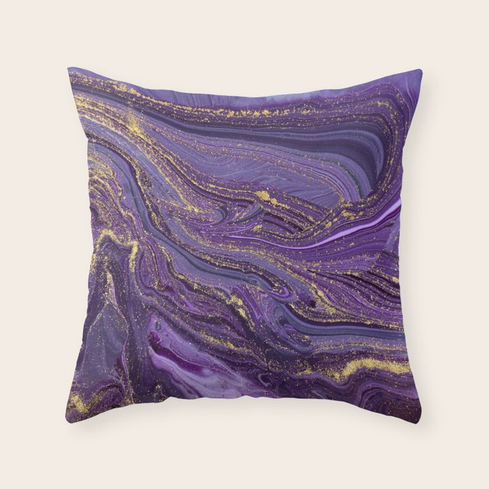 Purple Marble Glitter Gold Fluid Painting Pouring Jupiter Surface Glamorous Shiny Metallic Accents Throw Pillow Gallery Image 1