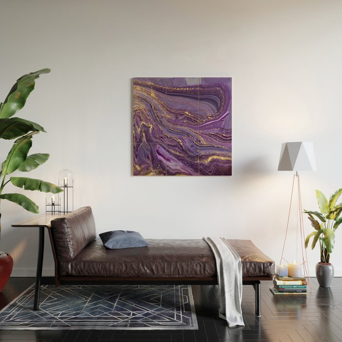 Purple Marble Glitter Gold Fluid Painting Pouring Jupiter Surface Glamorous Shiny Metallic Accents Wood Wall Art Gallery Image 2