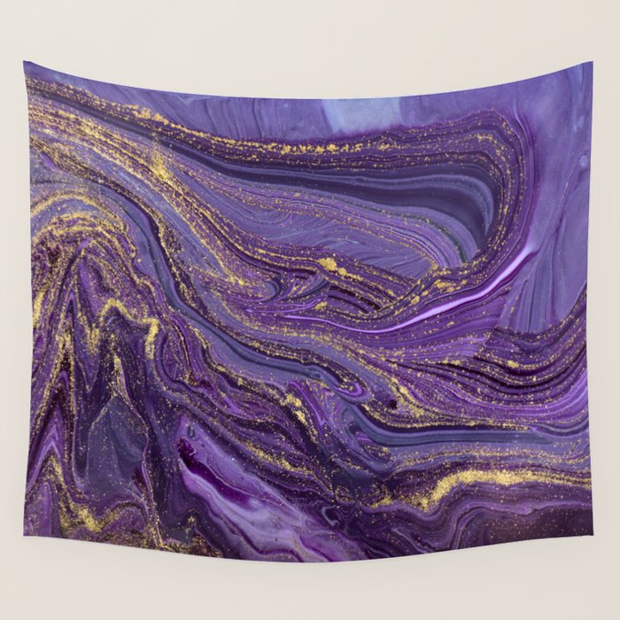 Purple Marble Glitter Gold Fluid Painting Pouring Jupiter Surface Glamorous Shiny Metallic Accents Wall Tapestry Gallery Image 1