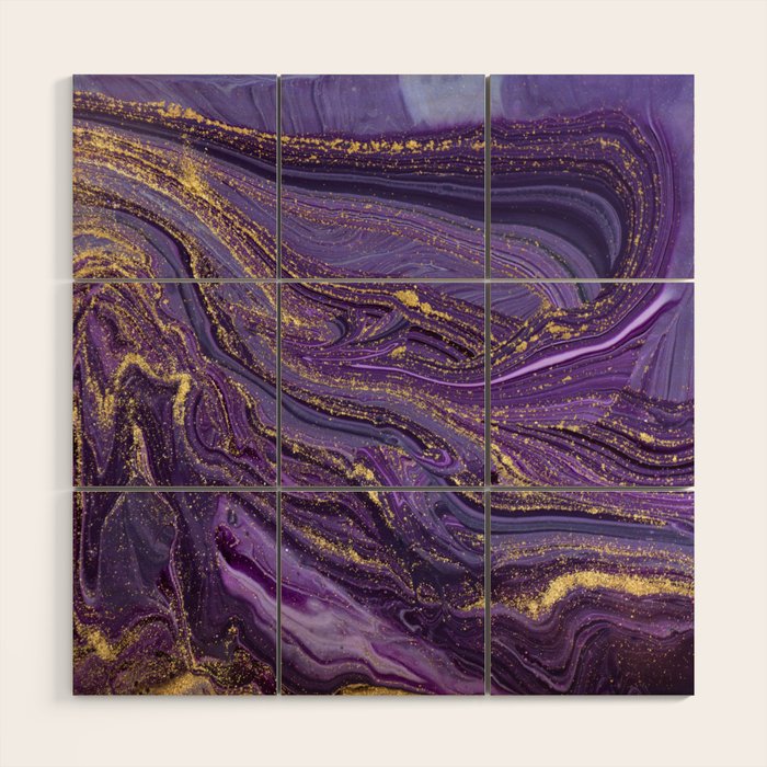 Purple Marble Glitter Gold Fluid Painting Pouring Jupiter Surface Glamorous Shiny Metallic Accents Wood Wall Art Gallery Image 1