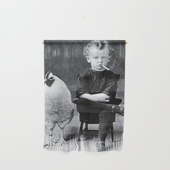 Smoking Boy with Chicken black and white photograph - photography - photographs Wall Hanging Gallery Image 1