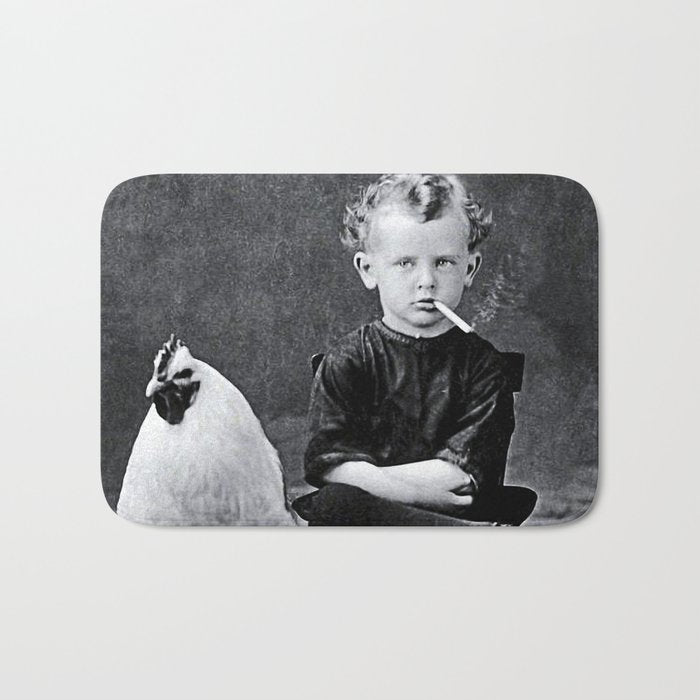 Smoking Boy with Chicken black and white photograph - photography - photographs Bath Mat Gallery Image 1