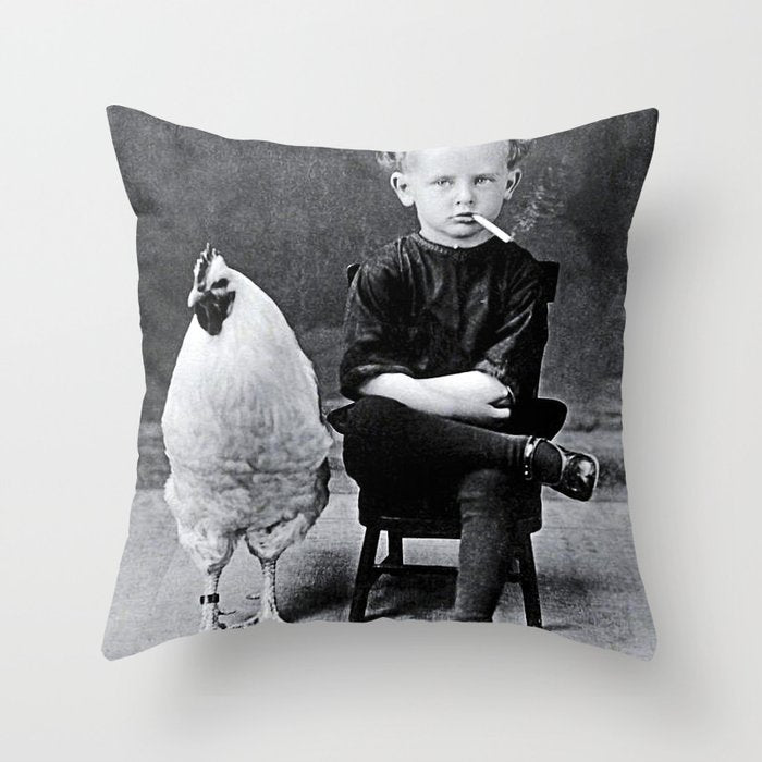 Smoking Boy with Chicken black and white photograph - photography - photographs Throw Pillow Gallery Image 1