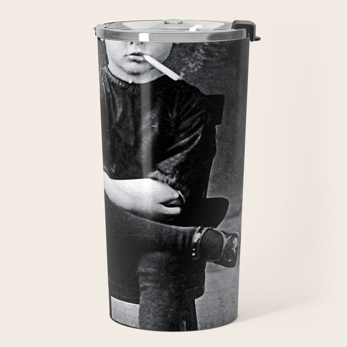 Smoking Boy with Chicken black and white photograph - photography - photographs Travel Mug Gallery Image 2