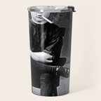 Smoking Boy with Chicken black and white photograph - photography - photographs Travel Mug Gallery Image 2