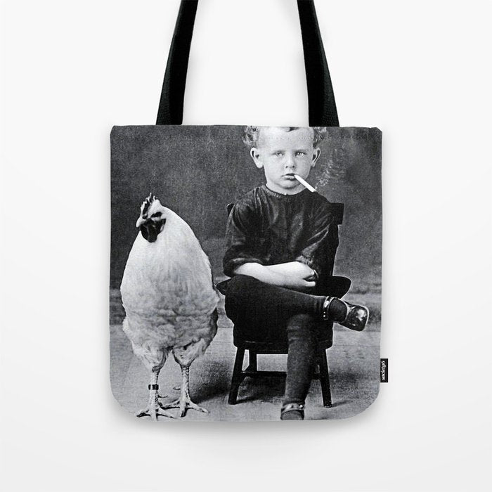 Smoking Boy with Chicken black and white photograph - photography - photographs Tote Bag Gallery Image 1