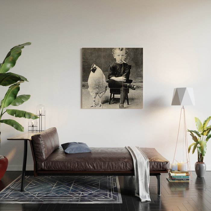 Smoking Boy with Chicken black and white photograph - photography - photographs Wood Wall Art Gallery Image 2