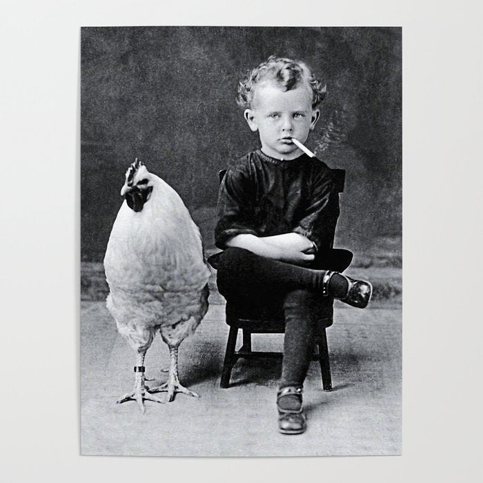 Smoking Boy with Chicken black and white photograph - photography - photographs Poster Gallery Image 1