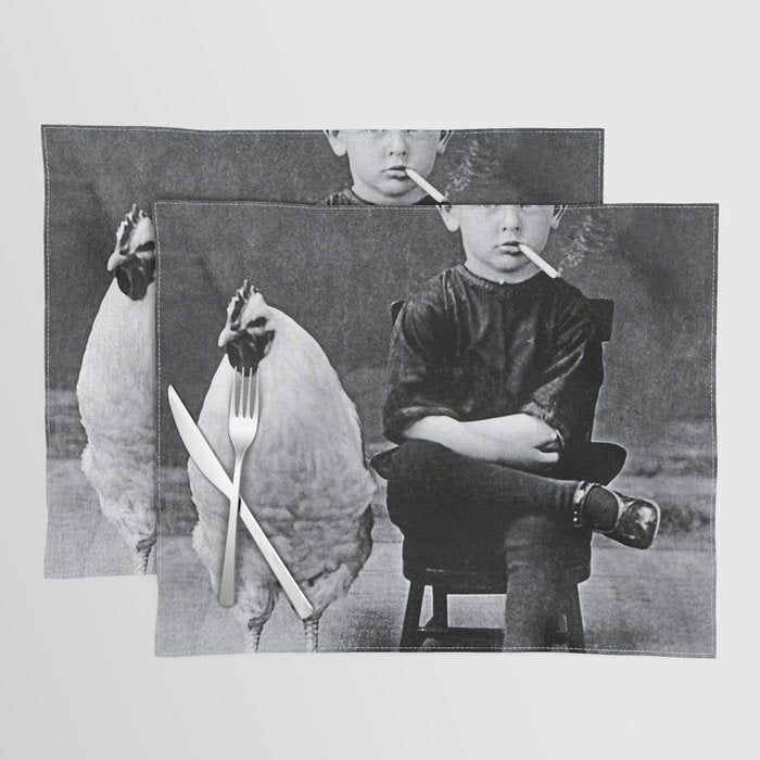 Smoking Boy with Chicken black and white photograph - photography - photographs Placemat Gallery Image 1