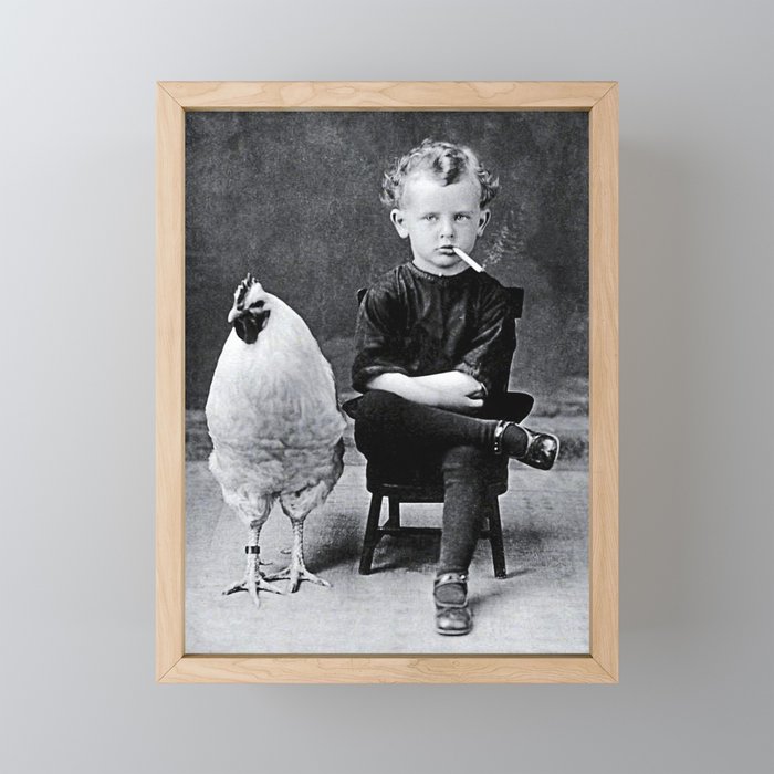Smoking Boy with Chicken black and white photograph - photography - photographs Mini Art Print Gallery Image 1