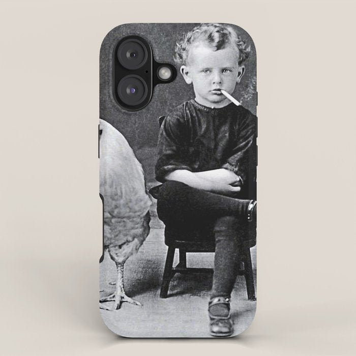 Smoking Boy with Chicken black and white photograph - photography - photographs iPhone Case Gallery Image 1