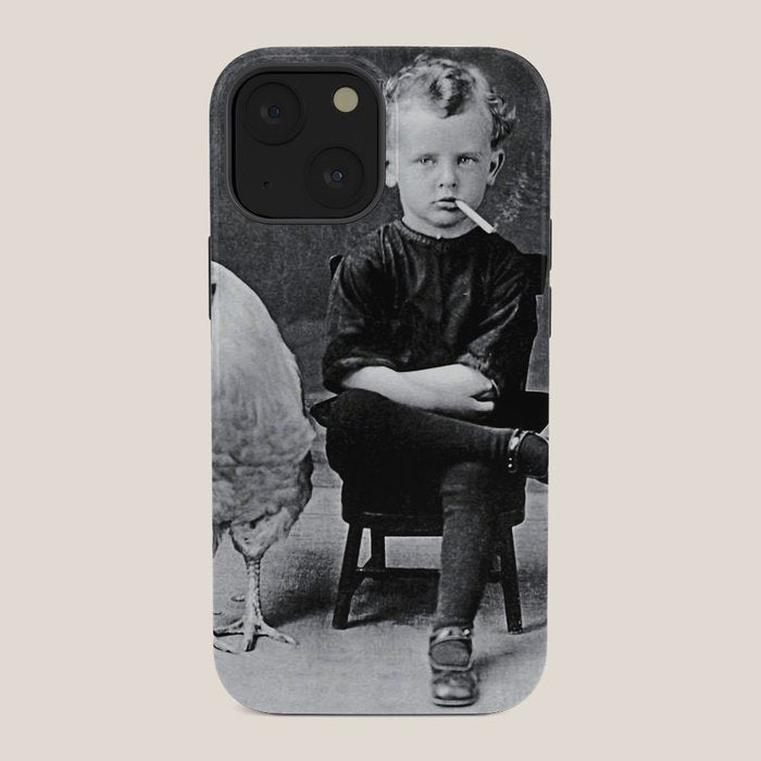 Smoking Boy with Chicken black and white photograph - photography - photographs iPhone Case Gallery Image 34