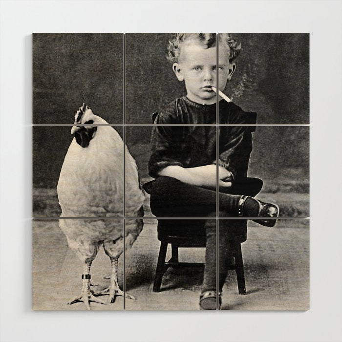 Smoking Boy with Chicken black and white photograph - photography - photographs Wood Wall Art Gallery Image 1