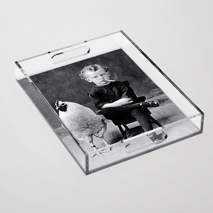 Smoking Boy with Chicken black and white photograph - photography - photographs Acrylic Tray Gallery Image 1