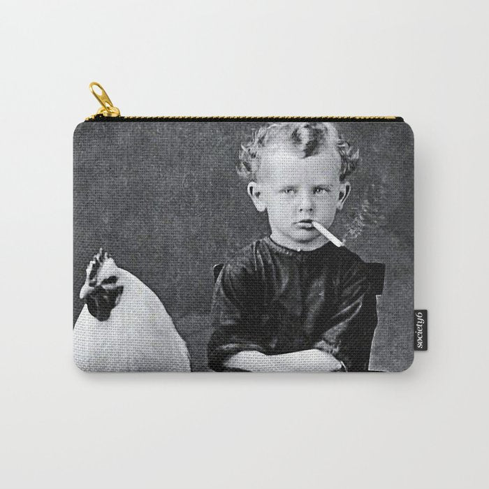 Smoking Boy with Chicken black and white photograph - photography - photographs Carry All Pouch Gallery Image 1