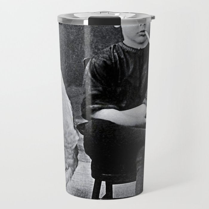 Smoking Boy with Chicken black and white photograph - photography - photographs Travel Mug Gallery Image 1