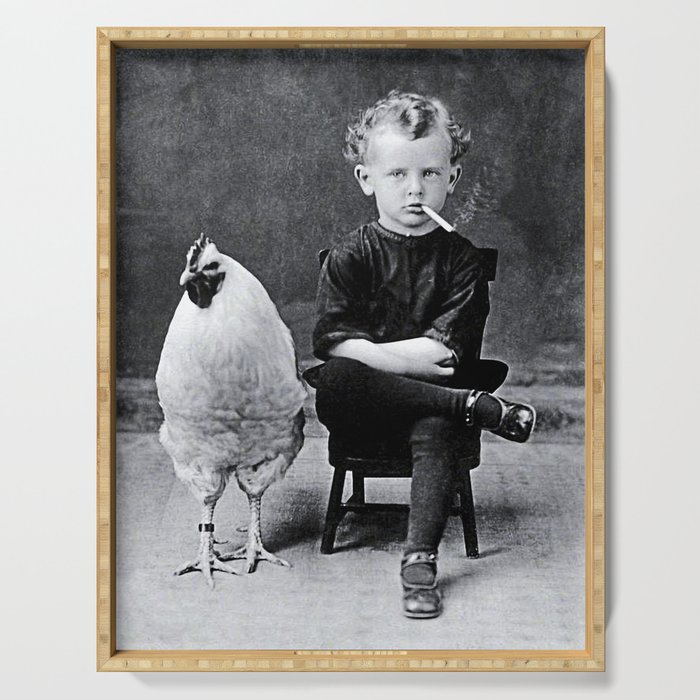Smoking Boy with Chicken black and white photograph - photography - photographs Serving Tray Gallery Image 1
