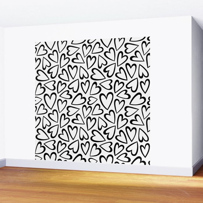 Black and white love heart cartoon pattern Wall Mural Gallery Image 2