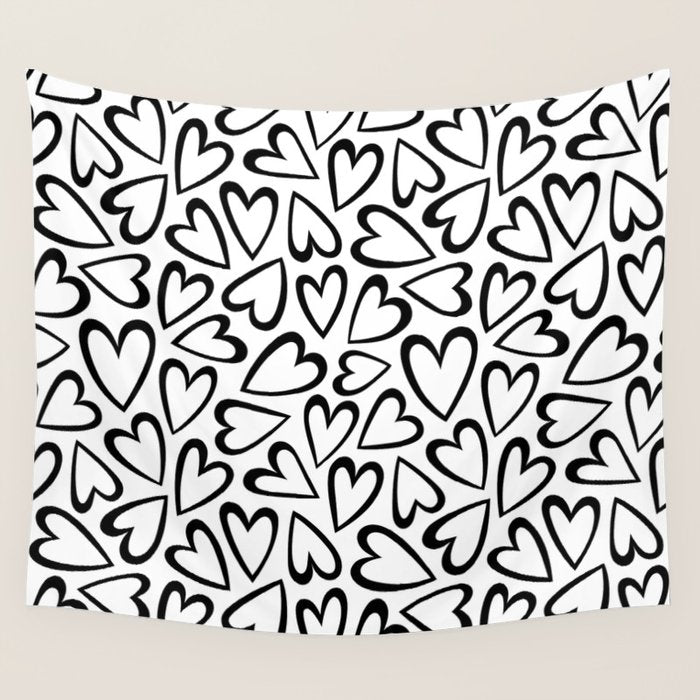 Black and white love heart cartoon pattern Wall Tapestry Gallery Image 4