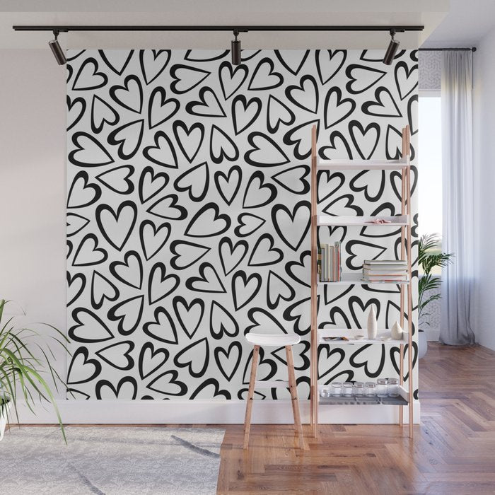Black and white love heart cartoon pattern Wall Mural Gallery Image 1