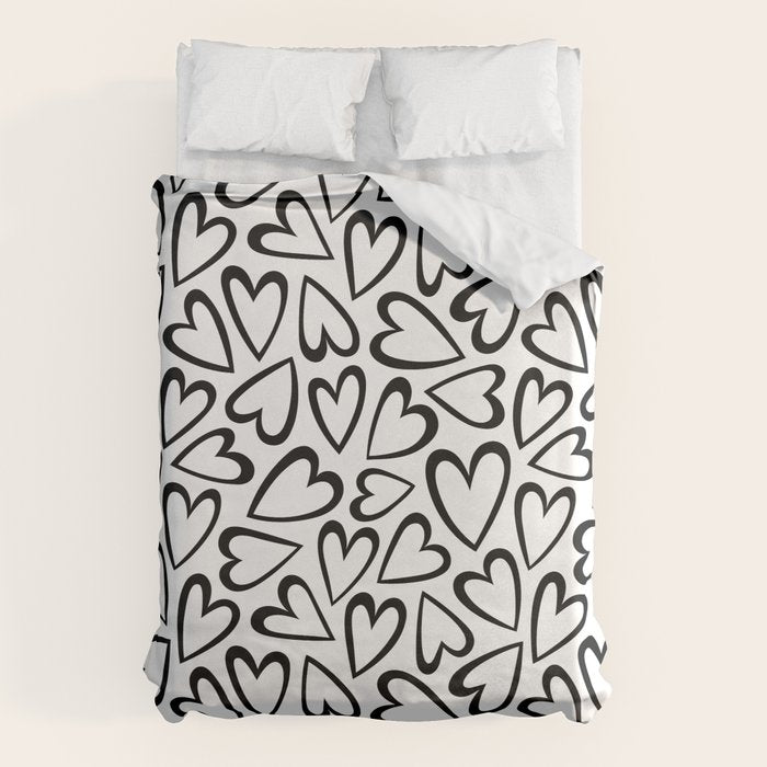 Black and white love heart cartoon pattern Duvet Cover Gallery Image 1