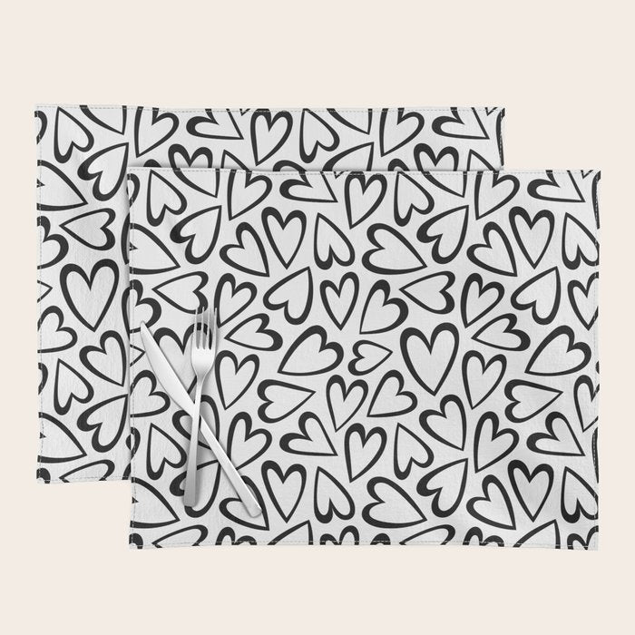 Black and white love heart cartoon pattern Placemat Gallery Image 1