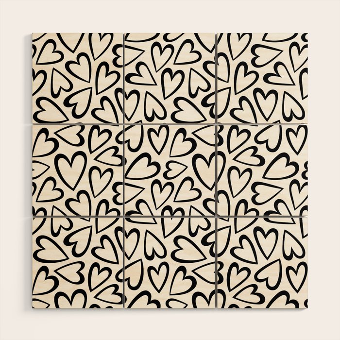 Black and white love heart cartoon pattern Wood Wall Art Gallery Image 1