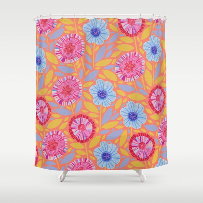 Folk Floral Blossoms in Sweet Peach Shower Curtain Gallery Image 1