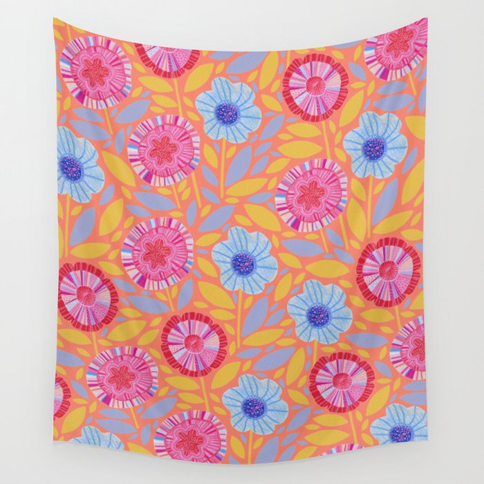 Folk Floral Blossoms in Sweet Peach Wall Tapestry Gallery Image 4