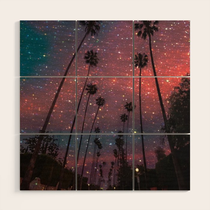 A magical sunset in Los Angeles | glitter | sparkle | palms | palm | sky | art prints |evening  Wood Wall Art Gallery Image 1