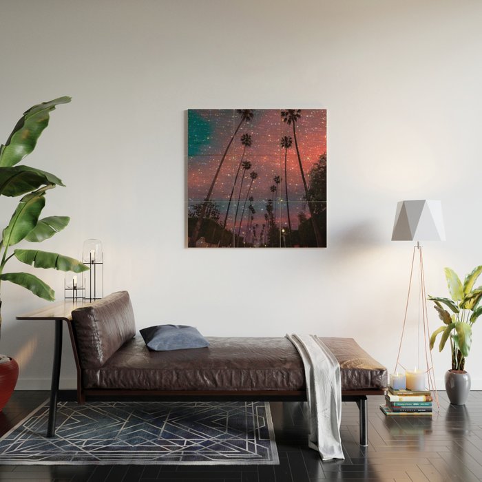 A magical sunset in Los Angeles | glitter | sparkle | palms | palm | sky | art prints |evening  Wood Wall Art Gallery Image 2