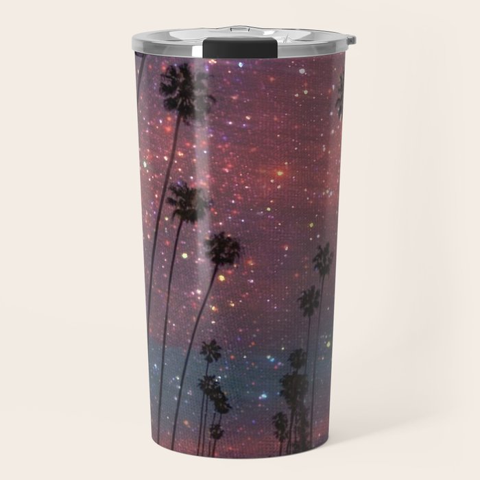 A magical sunset in Los Angeles | glitter | sparkle | palms | palm | sky | art prints |evening  Travel Mug Gallery Image 1
