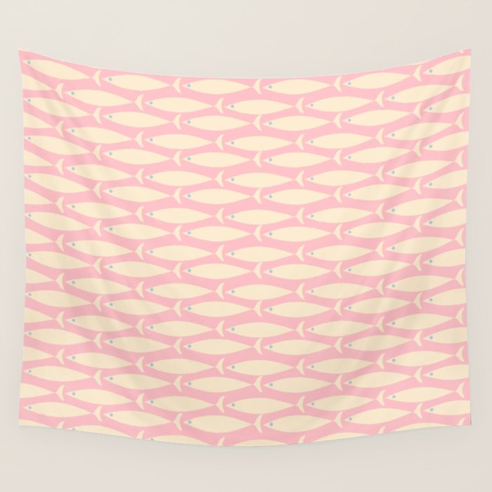 Coastal Fish Minimal Pattern in Soft Pink Baby Blue Cream Wall Tapestry Gallery Image 1