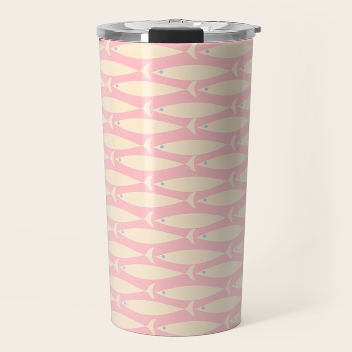 Coastal Fish Minimal Pattern in Soft Pink Baby Blue Cream Travel Mug Gallery Image 1
