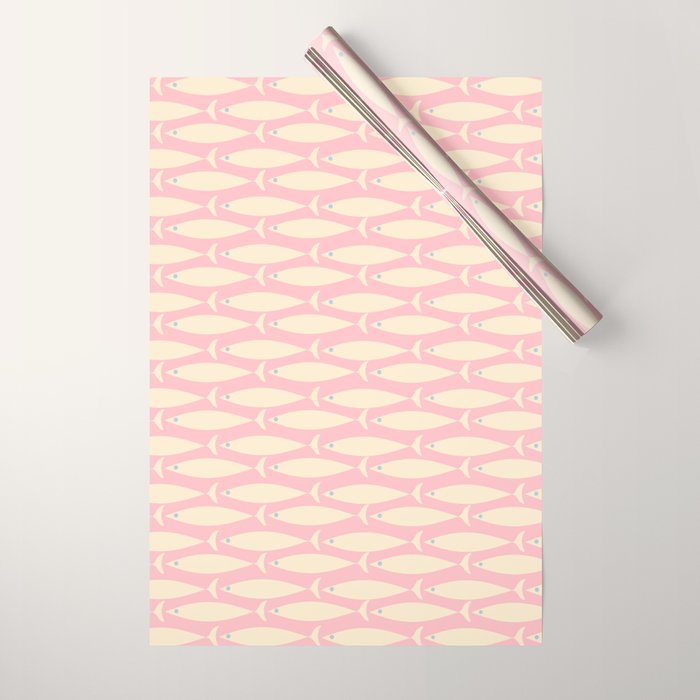 Coastal Fish Minimal Pattern in Soft Pink Baby Blue Cream Wrapping Paper Gallery Image 1