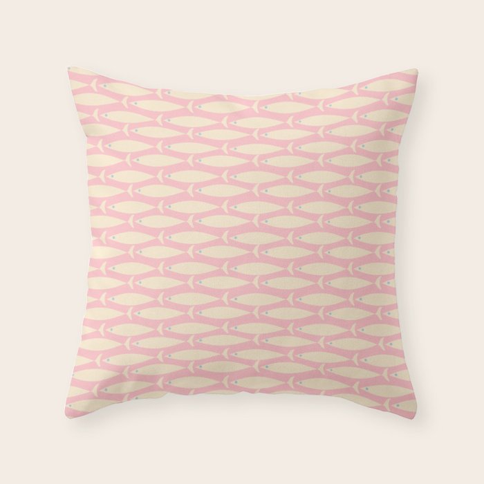 Coastal Fish Minimal Pattern in Soft Pink Baby Blue Cream Throw Pillow Gallery Image 1