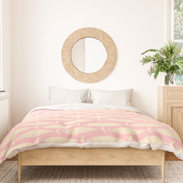Coastal Fish Minimal Pattern in Soft Pink Baby Blue Cream Duvet Cover Gallery Image 3