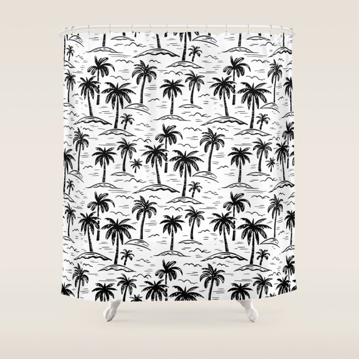 Black and white palm tree beach doodle pattern Shower Curtain Gallery Image 1