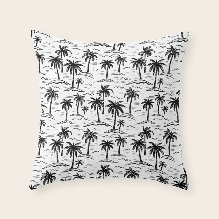 Black and white palm tree beach doodle pattern Throw Pillow Gallery Image 1