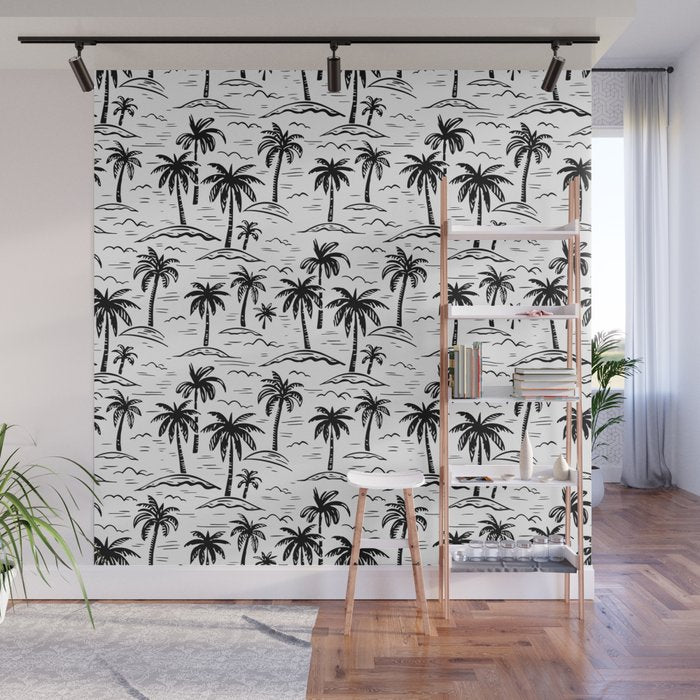 Black and white palm tree beach doodle pattern Wall Mural Gallery Image 1