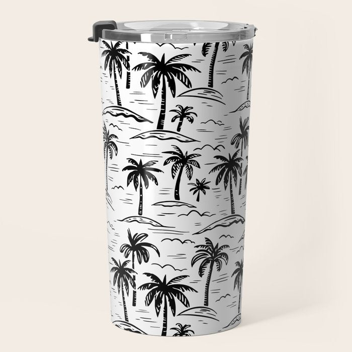 Black and white palm tree beach doodle pattern Travel Mug Gallery Image 3