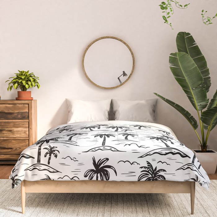 Black and white palm tree beach doodle pattern Comforter Gallery Image 3