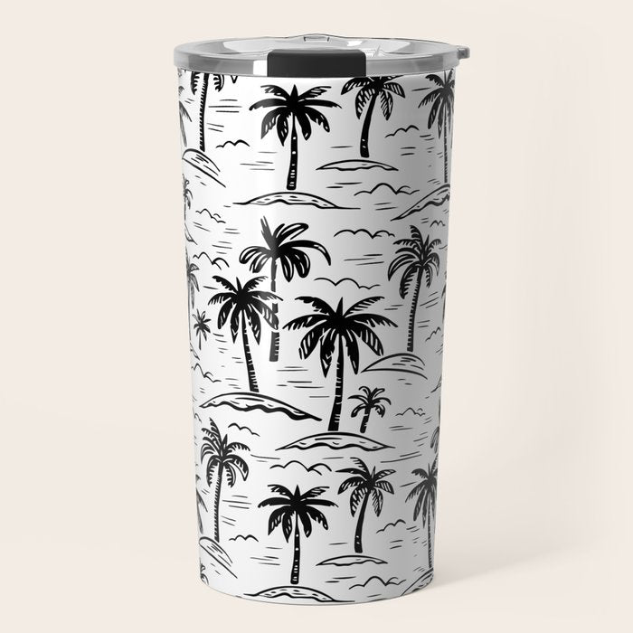 Black and white palm tree beach doodle pattern Travel Mug Gallery Image 1