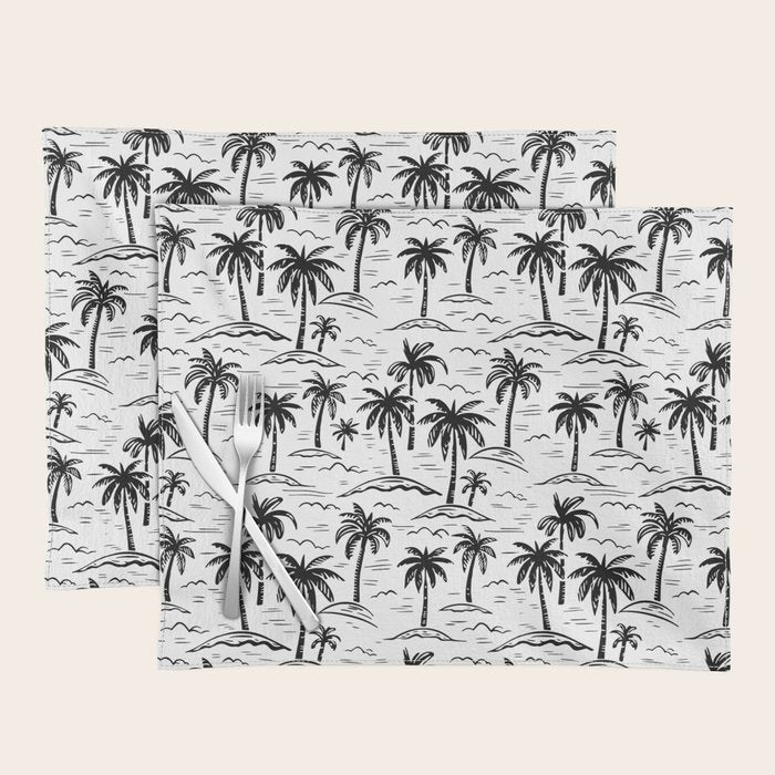 Black and white palm tree beach doodle pattern Placemat Gallery Image 1