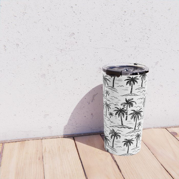 Black and white palm tree beach doodle pattern Travel Mug Gallery Image 4