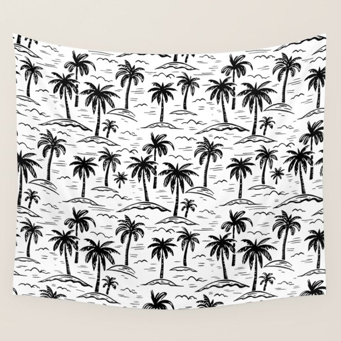 Black and white palm tree beach doodle pattern Wall Tapestry Gallery Image 4