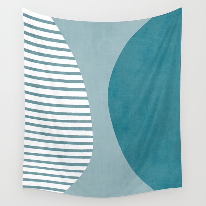 Teal White Lines Minimalist Artwork 01 Wall Tapestry Gallery Image 4